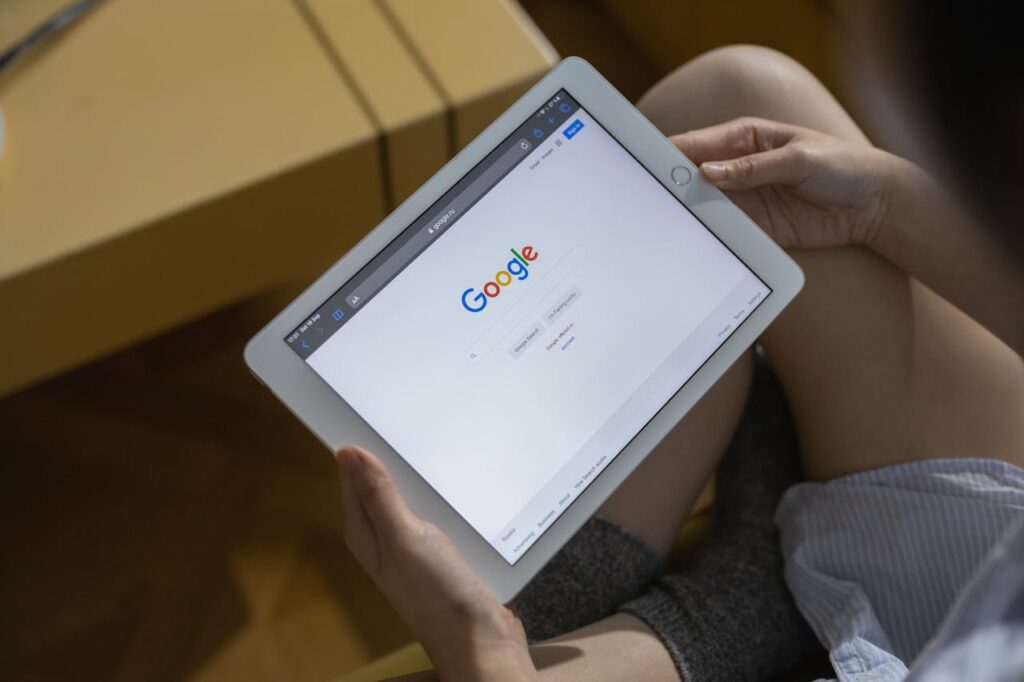 An ipad showing the Google homepage