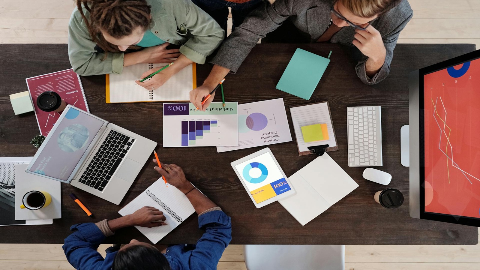 a group of marketing people huddled in a table