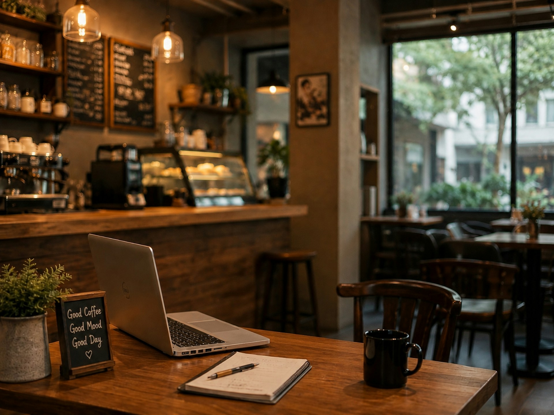 A cozy cafe workspace with a laptop, notebook, pen, and black coffee mug